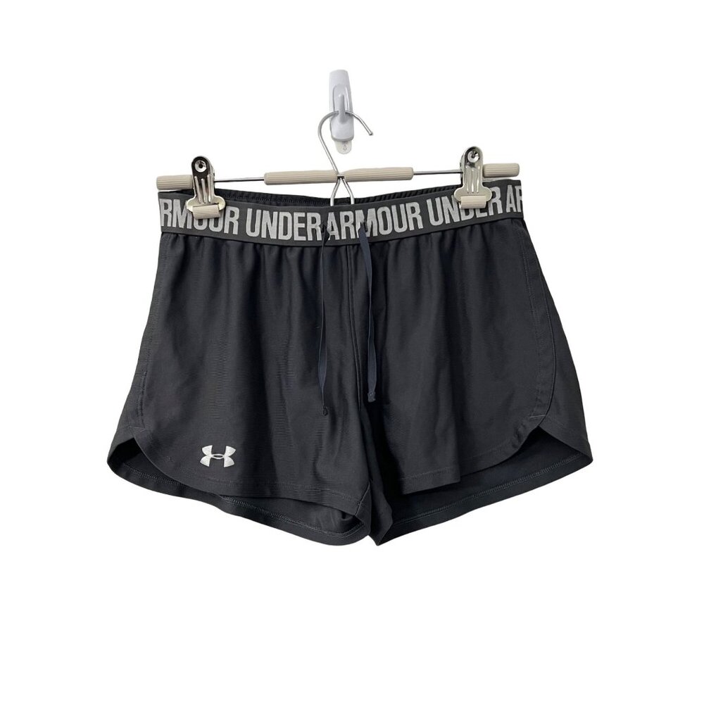 Under Armour Womens Heat Gear Gray Spellout Waist Band Athletic Shirts Size S